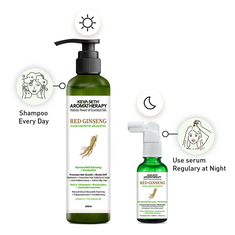 Korean Hair Growth Serum Treatment Kit – Mild Foaming Shampoo & Hair Serum with Red Ginseng, Caffeine, Pentavitin & Vitamin E for Hair Fall Control, DHT Block & Scalp Nourishment - Keya Seth Aromatherapy