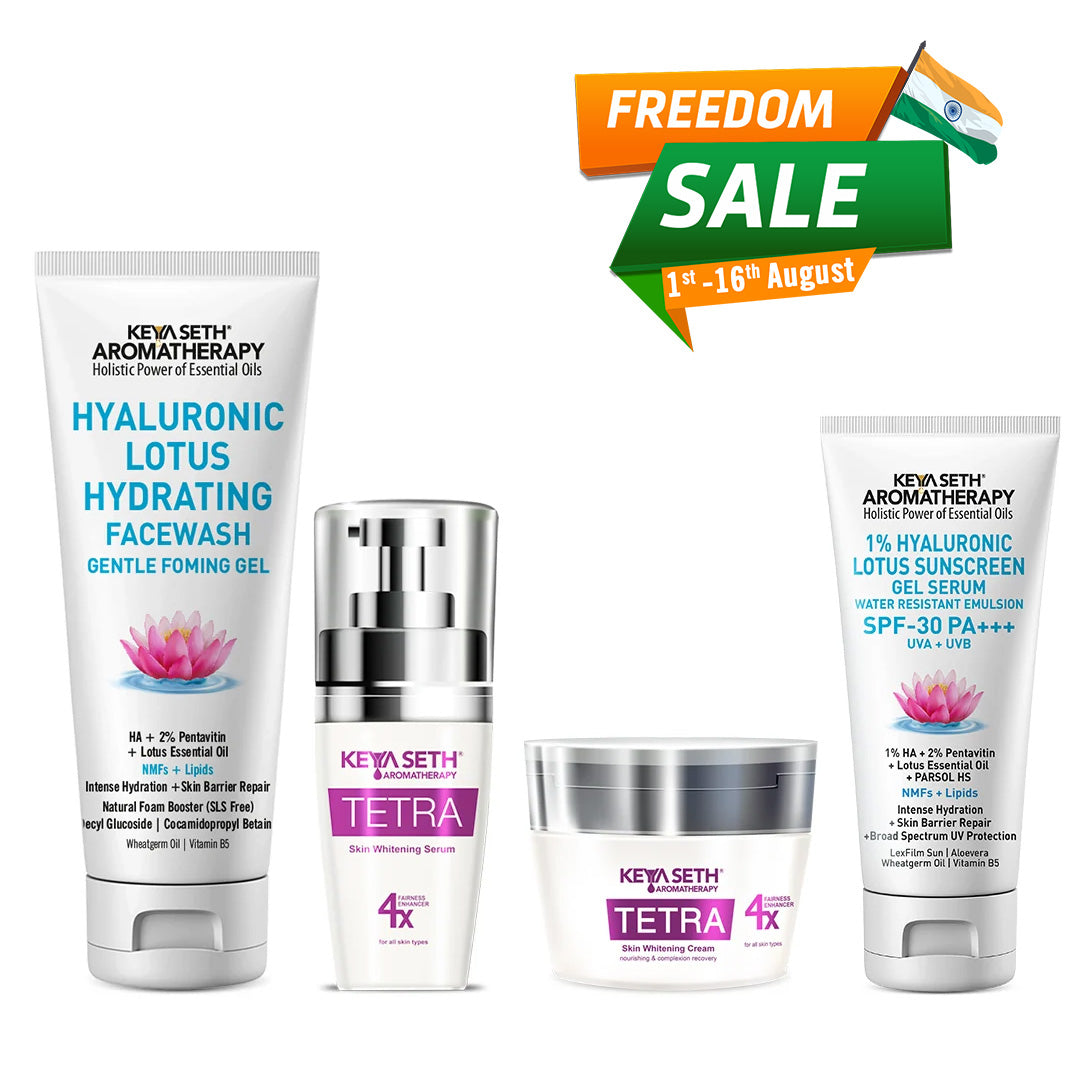 Daily Skin Care Routine for Brightening + Radiant Skin with Hyaluronic Facewash, Vitamin C Serum, Alpha Arbutin Moisturizer & 1% Hyaluronic Lotus Sunscreen Gel