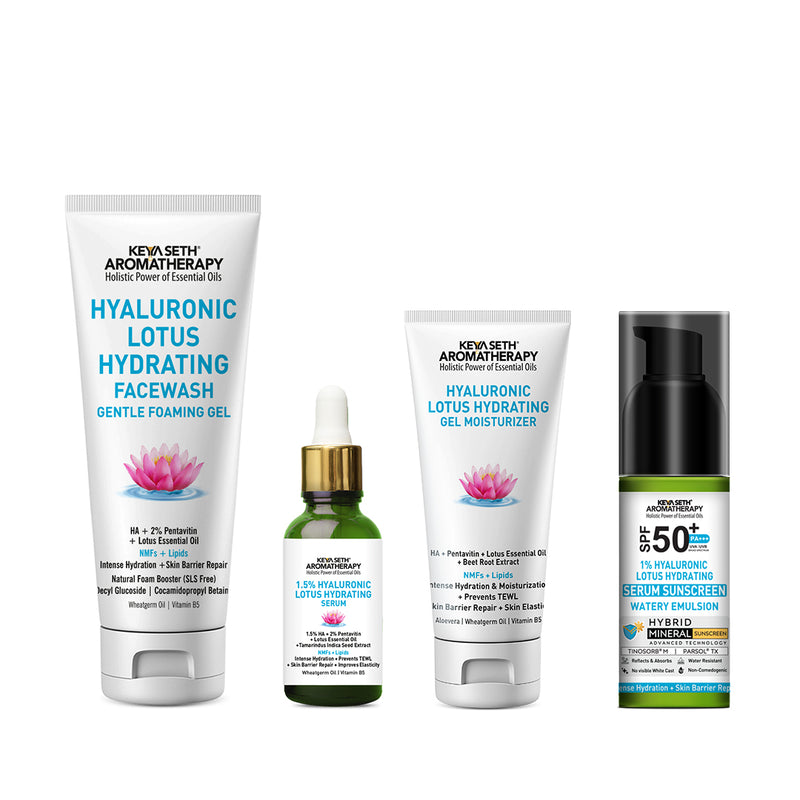 Daily Skincare Routine for Dry & Combination Skin – Hyaluronic Lotus Face Wash, 1.5% Hydrating Serum, Gel Moisturizer with 2% Pentavitin & SPF 50 PA+++ Sunscreen for Intense Hydration and Skin Barrier Repair - Keya Seth Aromatherapy