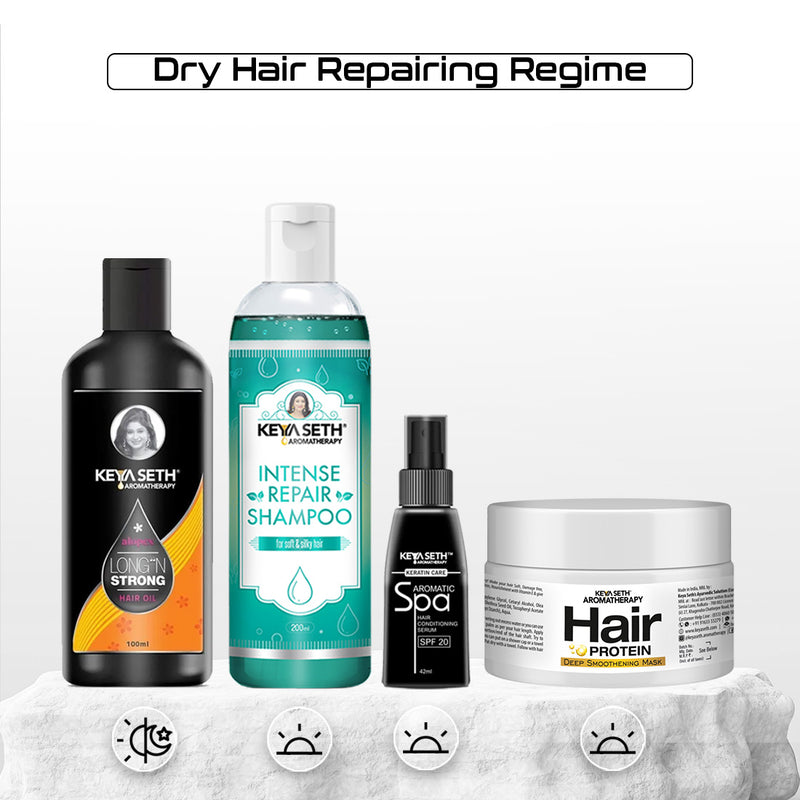 Dry Hair Repair Kit: Rosemary & Tea Tree Oil, Pro-Vitamin B5 & Geranium Shampoo, Avocado Butter & Keratin Protein Mask, and Essential Oil Serum for Deep Nourishment, Strength & Frizz Control - Keya Seth Aromatherapy