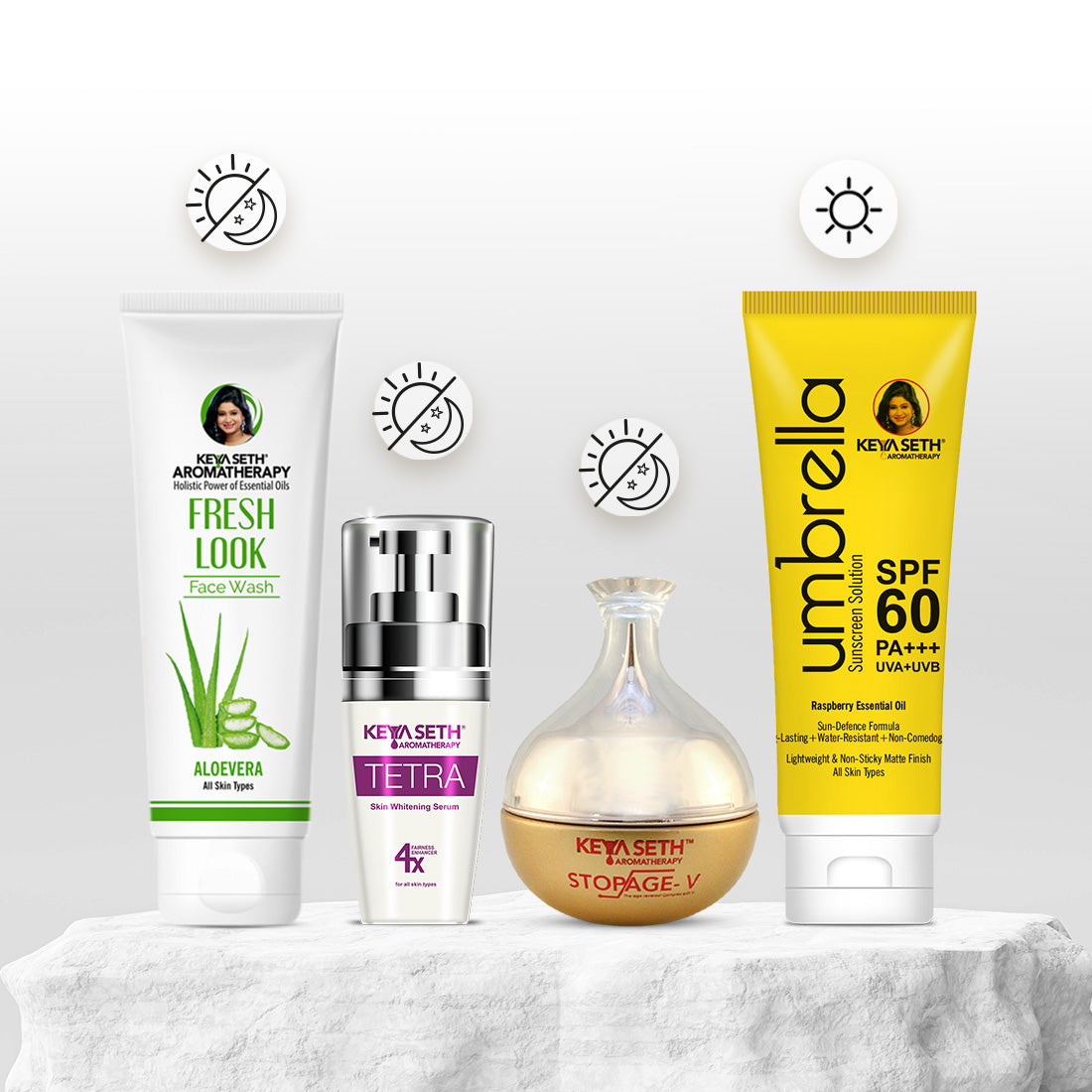 Restorative Skincare Routine for Aging Skin – Aloe Vera Facewash, Tetra Serum, Stopage V Cream & Umbrella SPF 60 for Anti-Aging, Brightening & Protection - Keya Seth Aromatherapy