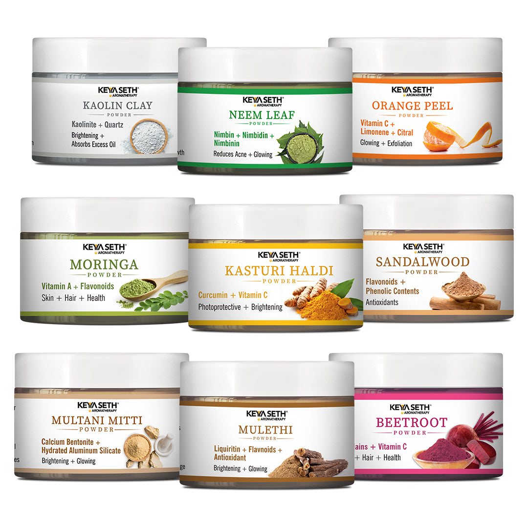 Navratna Ubtan Face Pack Powder Combo – With Sandalwood, Kasturi, Orange, Beetroot, Mulethi, Moringa, Kaolin, Neem, Multani; Fights Irritation, Reduces Acne, Calms Skin - Keya Seth Aromatherapy