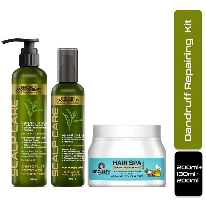 Dandruff Repair Kit: Shampoo, Hair Spa & Serum with Salicylic Acid, Tea Tree, Jojoba, Rosemary & Coconut for a Flake-Free, Nourished & Itch-Free Scalp - Keya Seth Aromatherapy