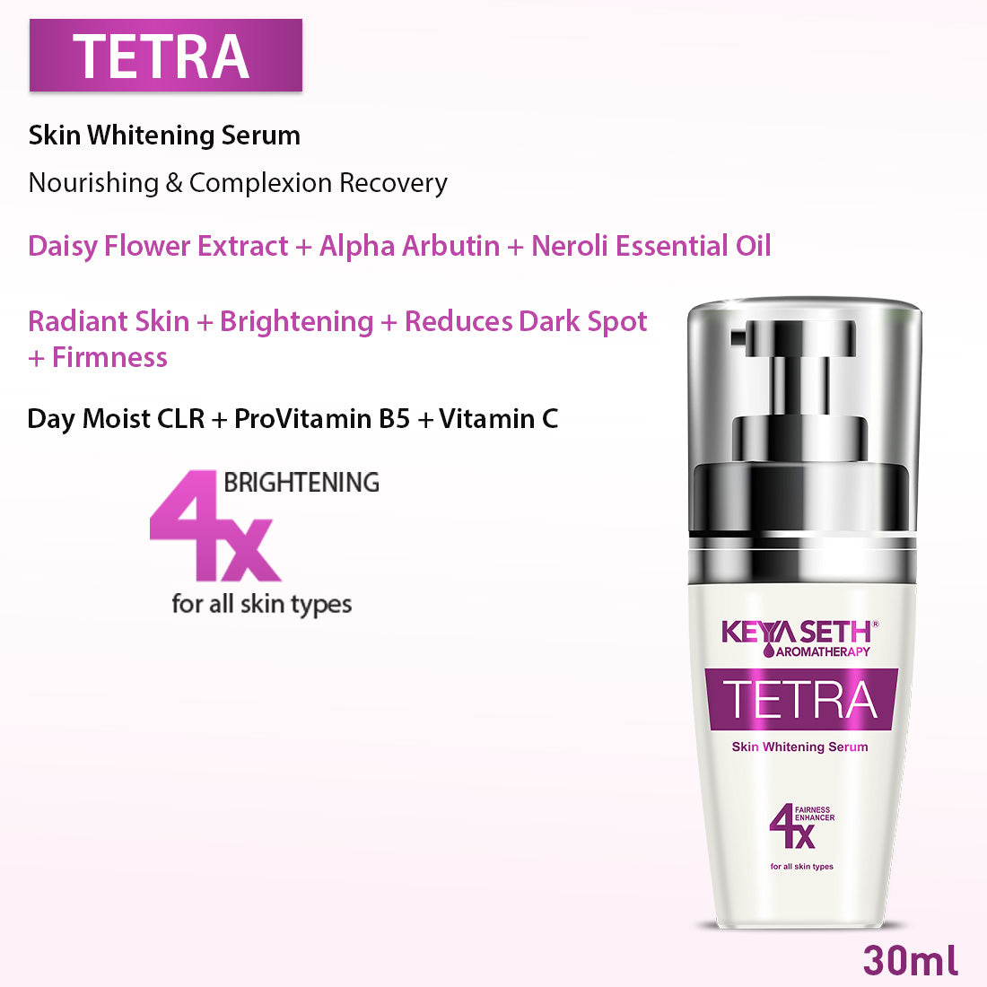 Tetra Skin Whitening Serum with RonaCare VTA, Niacinamide & Alpha Arbutin- Rejuvenates Skin Complexion, Quick Absorbing, Radiant Glow - Keya Seth Aromatherapy