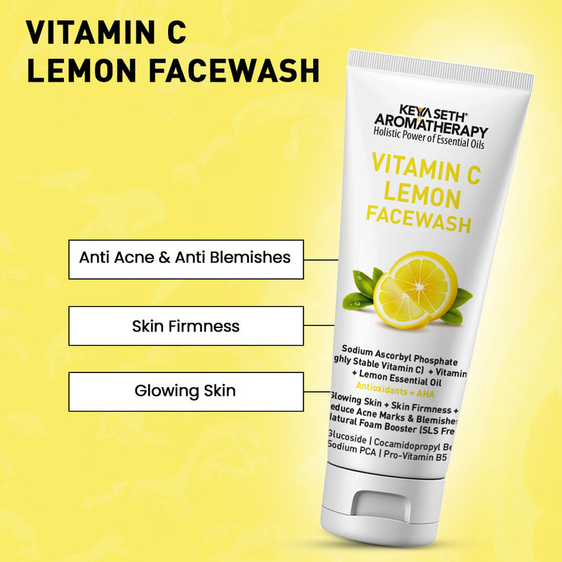 Vitamin C Lemon Facewash, Natural Glucoside Foaming, Antioxidants + AHA, Glowing Skin & Firmness, Acne Marks, Sodium Ascorbyl Phosphate + Vitamin E - Keya Seth Aromatherapy
