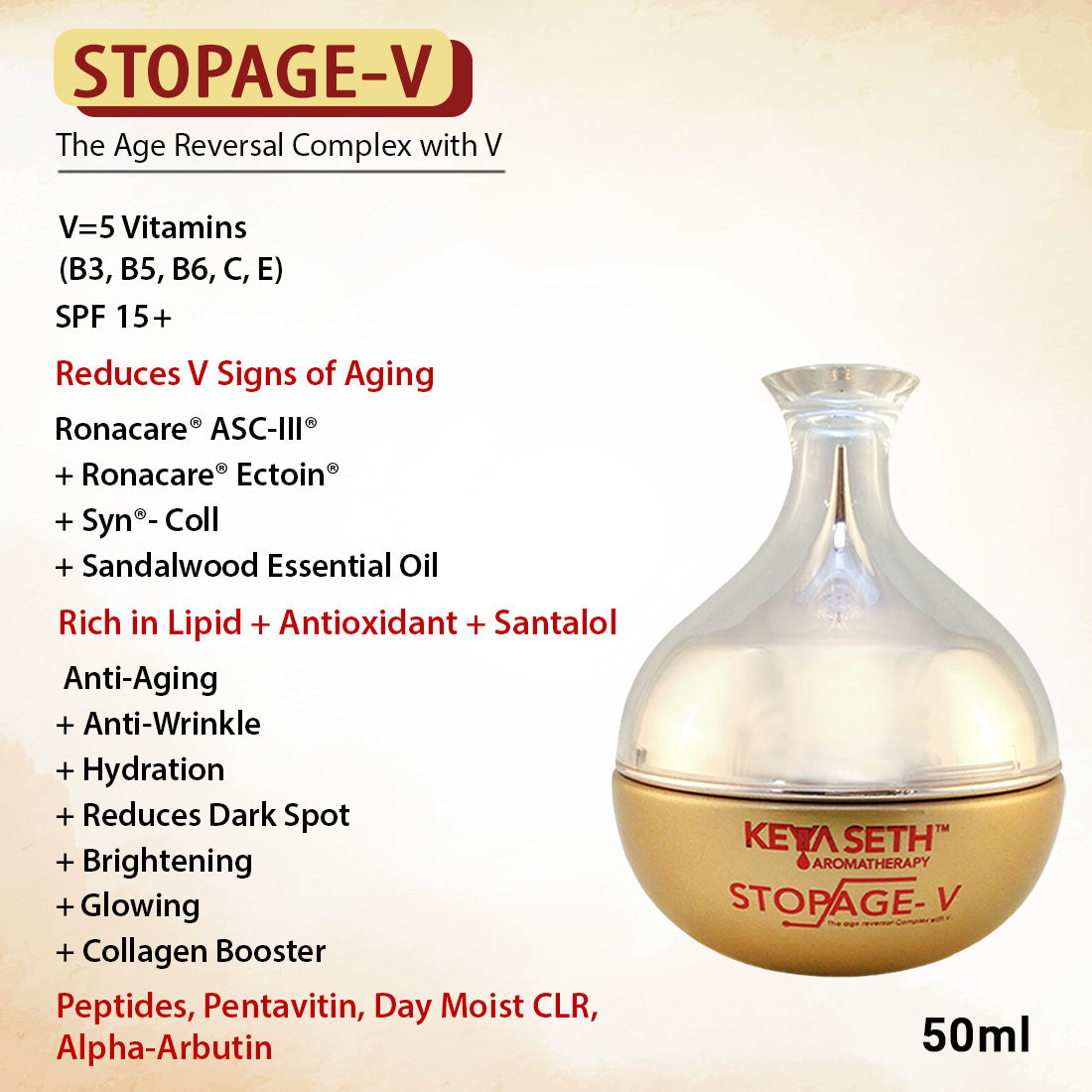 Stopage V – Anti Ageing Treatment- Vitamins B2, B3(Niacinamide), B5, C, E, Hyaluronic Acid, Alpha Arbutin, Anti Ageing Night Cream For Men & Women - Keya Seth Aromatherapy