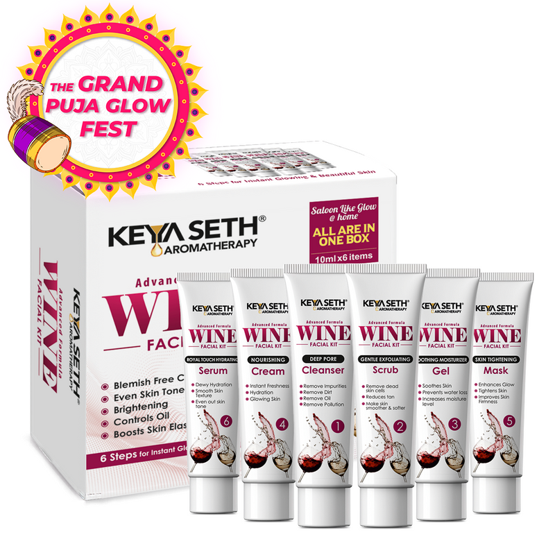 Wine Facial Kit 6 Steps Enriched with Red Grape Seed Extract for Instant Glowing, Blemish-free Even Complexion Increase Elasticity & Circulation - Keya Seth Aromatherapy
