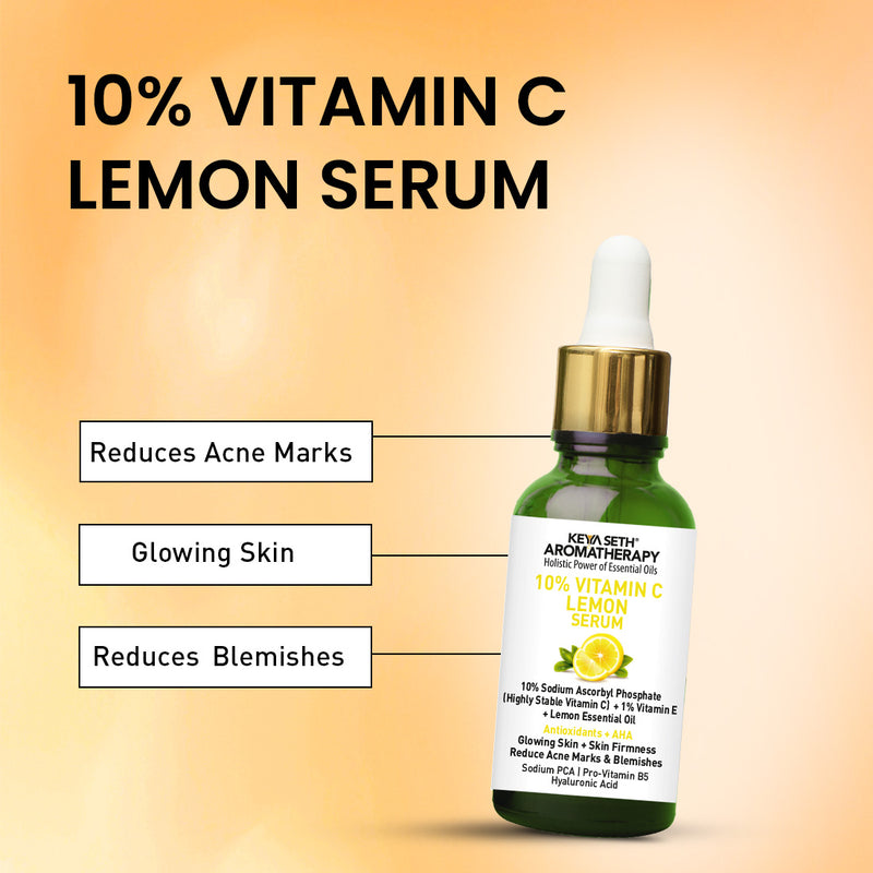 10% Vitamin C Lemon Serum, Sodium Ascorbyl Phosphate + Vitamin E & Lemon Essential Oil, Antioxidants + AHA, Glowing Skin & Firmness, Reduces Acne Marks - Keya Seth Aromatherapy