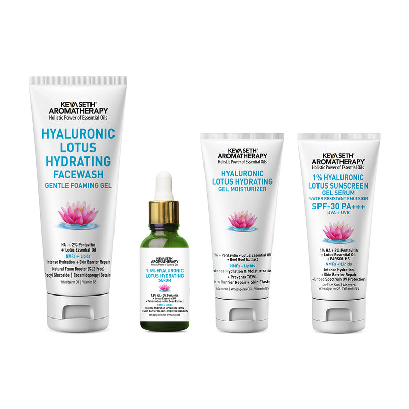 Complete Hydrating & Plumping Kit: Hyaluronic Lotus Face Wash, 1.5% Serum, Gel Moisturizer with 2% Pentavitin + Parsol HS, SPF 30+++ Sunscreen for Intense Hydration & Skin Barrier Repair - Keya Seth Aromatherapy