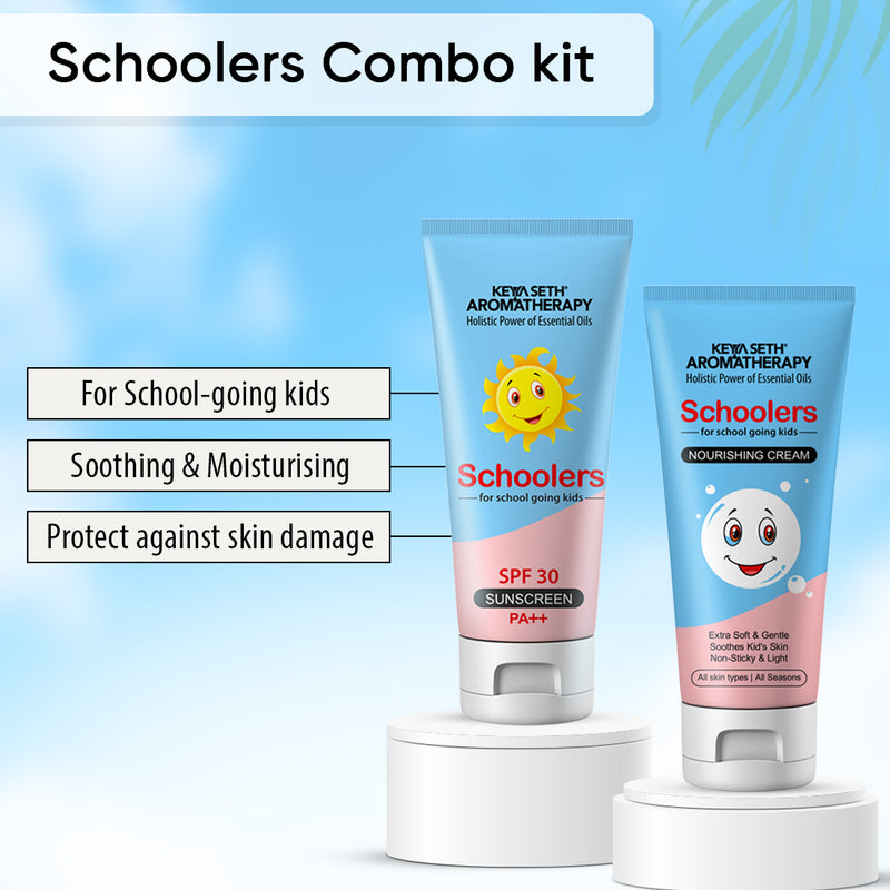 Schoolers Kids Nourishing Cream & Mineral Sunscreen SPF 30 PA++ Combo Kit for Boys & Girls – Deeply Moisturizing, Ultra-Light, No White Cast - Keya Seth Aromatherapy