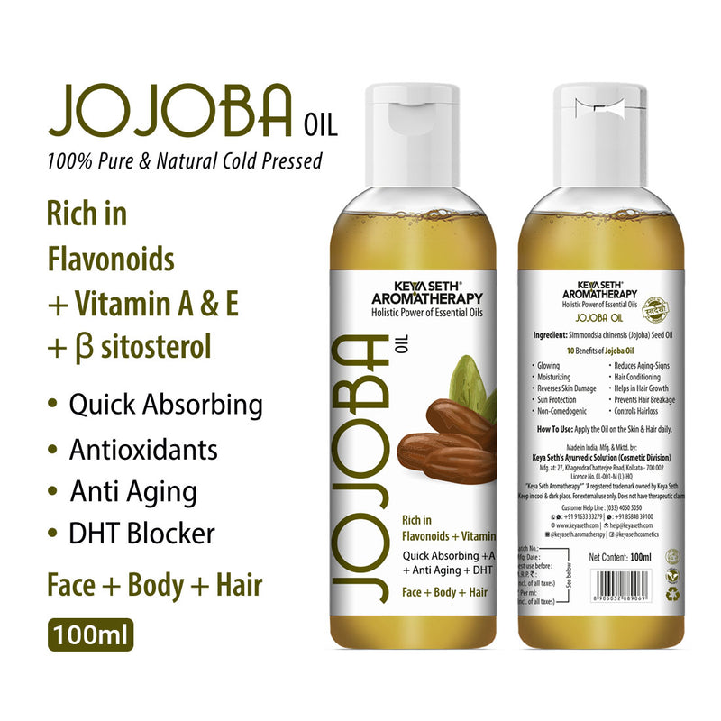 Jojoba Oil for Face, Body & Hair – Moisturizing, Anti-Aging, Breakout & Sunburn Care, Hair Growth with Flavonoids, Vitamin A & E - Keya Seth Aromatherapy