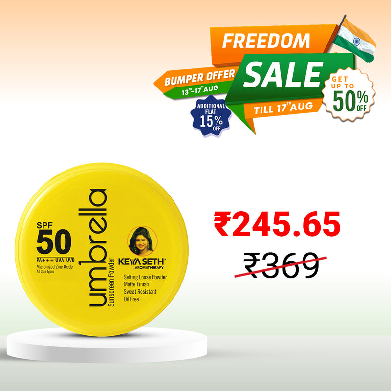 Umbrella Sunscreen Powder SPF 50 with PA+++ UV Protection, Sweat Resistant Formula, Micronized Zinc Oxide for Oily Skin - Keya Seth Aromatherapy