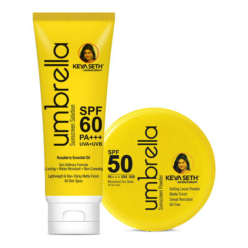 Umbrella Sunscreen Advanced Protection Kit SPF 60 Solution + SPF 50 Powder for Ultimate Sun Defence & Matte Finish - Keya Seth Aromatherapy