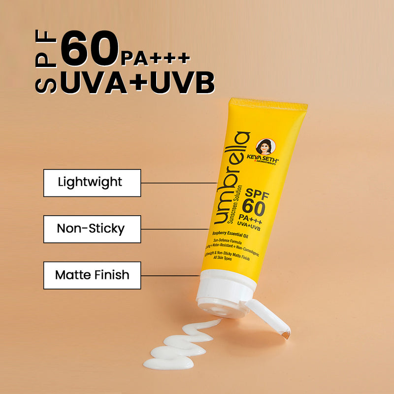 Umbrella Sunscreen Solution SPF 60, Broad Spectrum Protection, No White Cast, Lightweight Matte Finish with Raspberry Oil - Keya Seth Aromatherapy