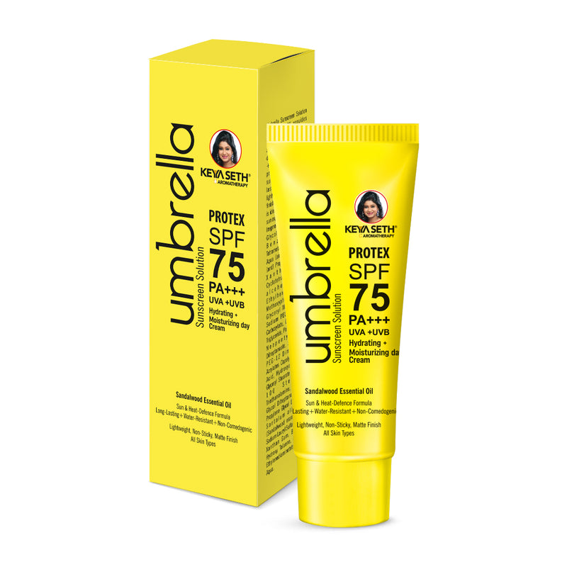 Umbrella Sunscreen Solution Protex SPF 75 Broad Spectrum Protection, Hydrating, No White Cast, Lightweight Matte Finish with Sandalwood Oil - Keya Seth Aromatherapy