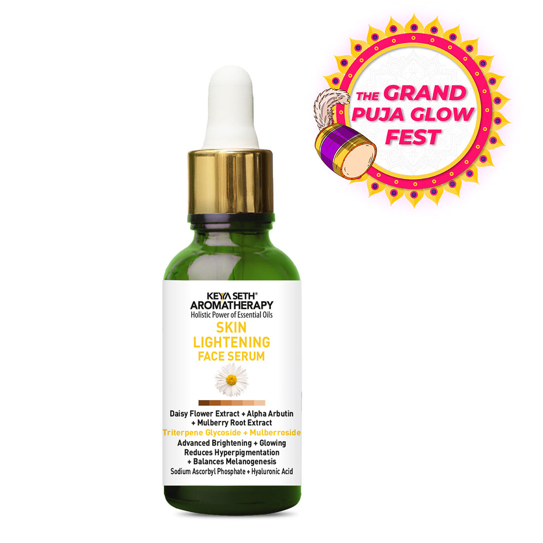 Skin Lightening Face Serum, Daisy Flower + Alpha Arbutin + Mulberry Root, Brightening & Glowing, Hyperpigmentation, Melanogenesis, with Hyaluronic Acid - Keya Seth Aromatherapy
