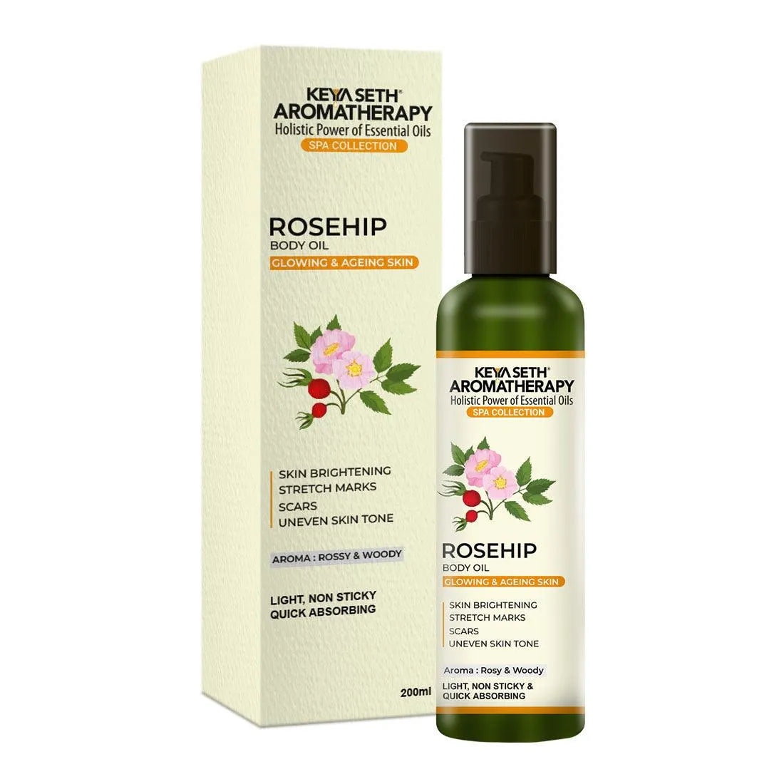 Rosehip Body Oil,Glowing, Ageing & Brighter Skin, Reduces Stretch Marks, Scars, Uneven Skin Tone - Keya Seth Aromatherapy