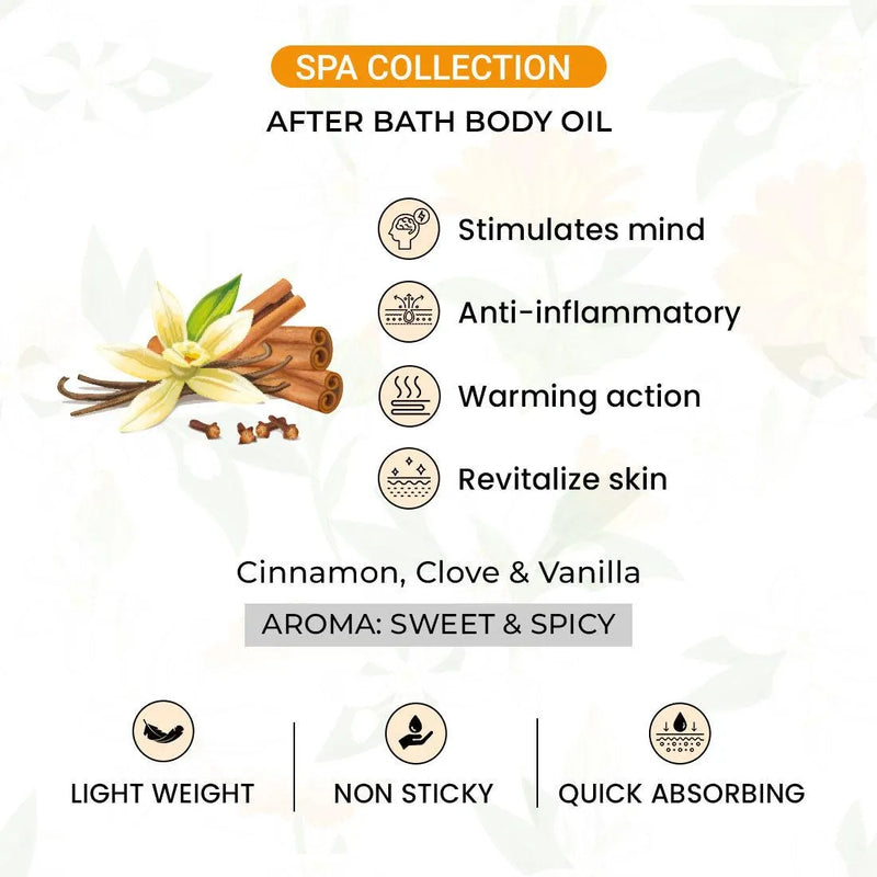 Spicy Vanilla After Bath Body Oil Light, Non-Sticky & Quick Absorbing, Stimulates Mind, Anti Inflammatory, Warming Action & Revitalize Skin