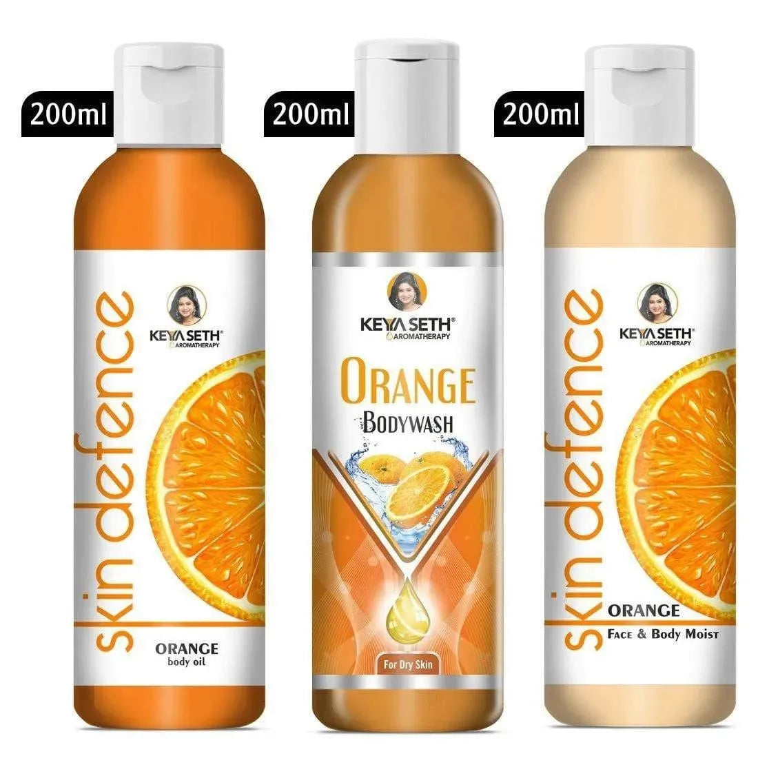 Complete Body Care Combo Enriched with Vitamin C, Orange Body Wash 200ml + Skin Defence Orange Body Oil 200ml + Orange Face & Body Moisturizer 200ml - Keya Seth Aromatherapy